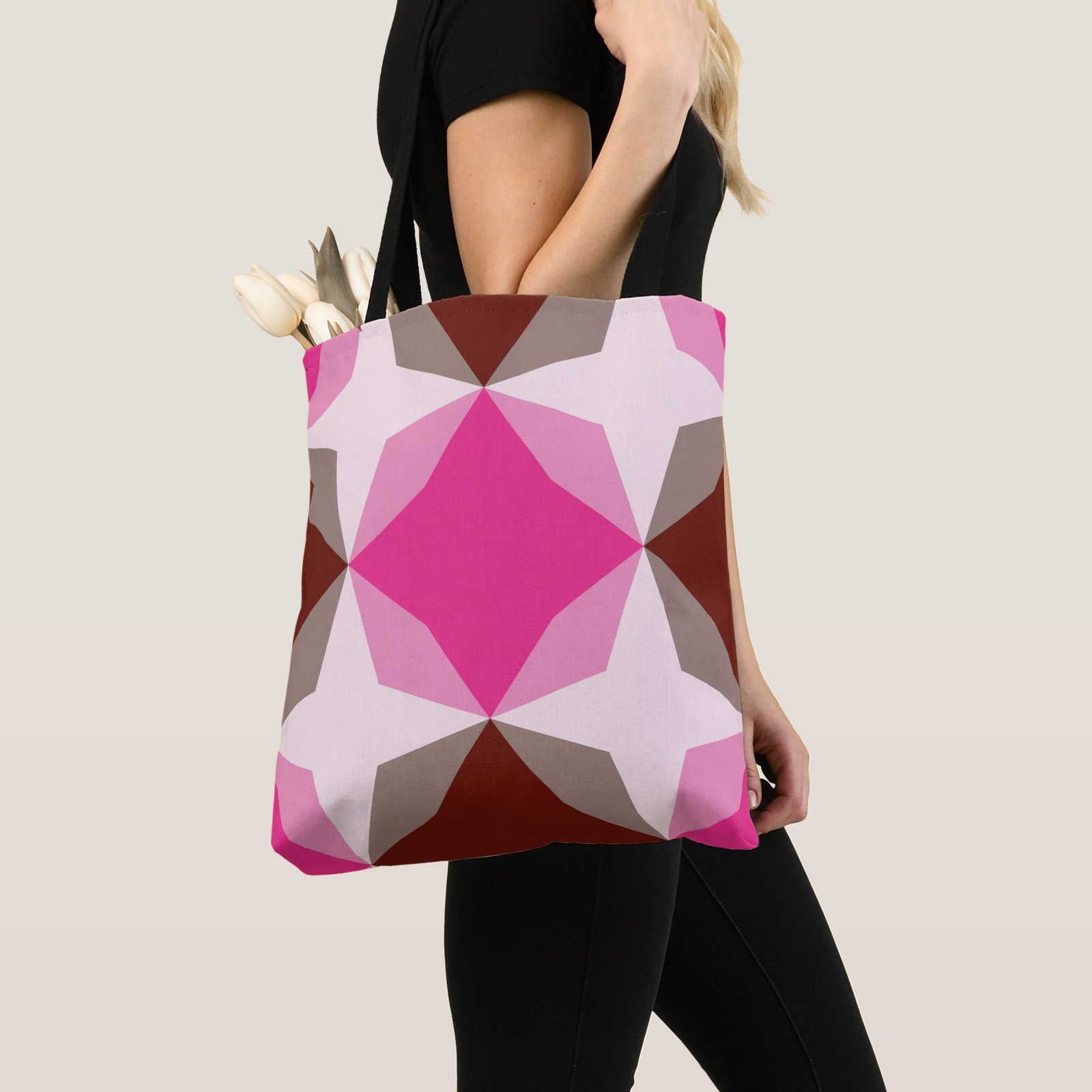 Berry Mocha Diamond Motif Tote Bag - Image 4