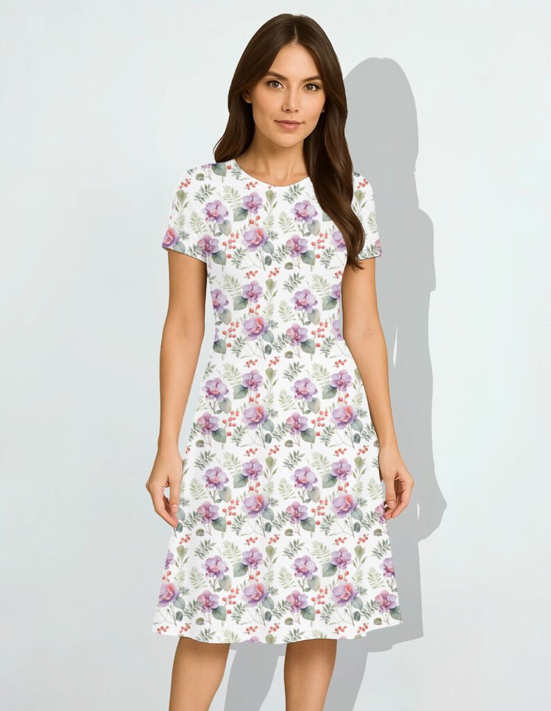 Orchid-Watercolor Women A Line Dress