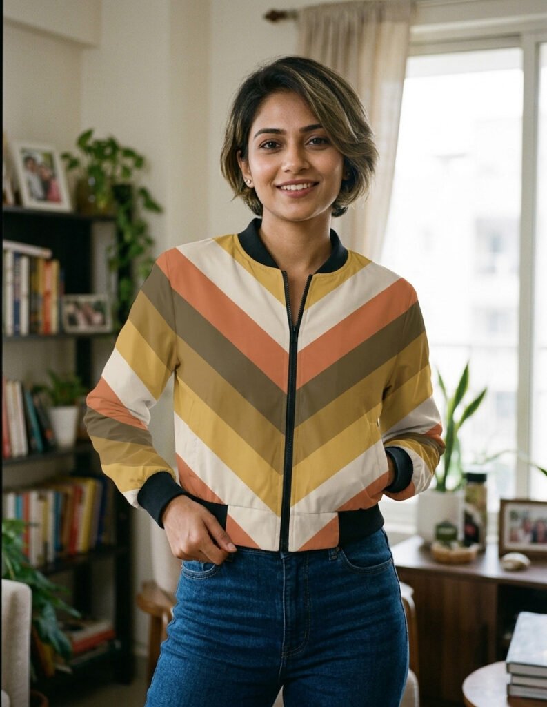 Rust Sunset Chevron Women Bomber Jacket