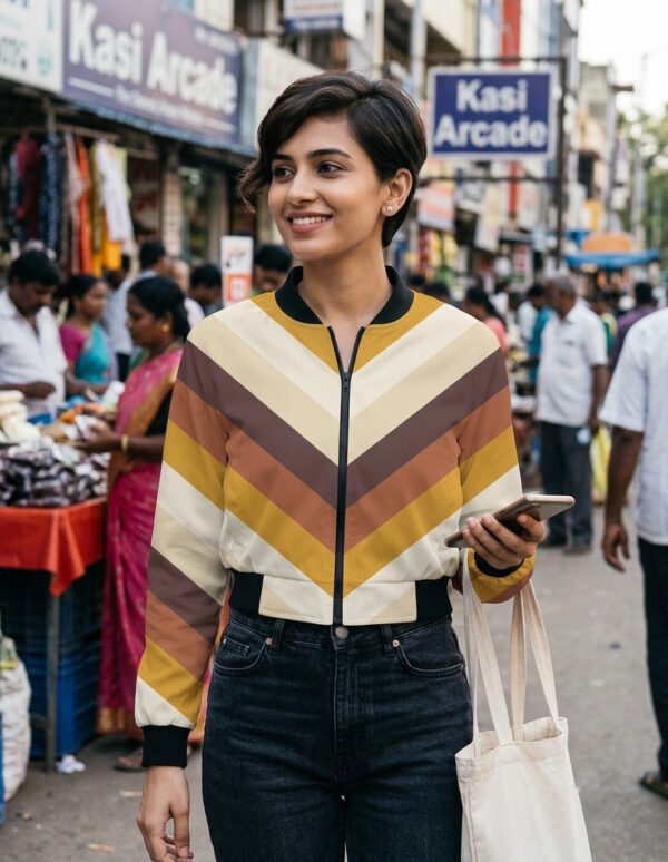 Wheat Whisper Chevron Women Bomber Jacket