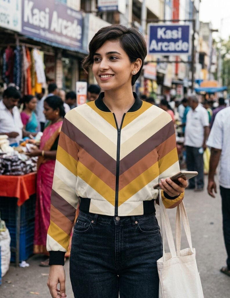 Wheat Whisper Chevron Women Bomber Jacket