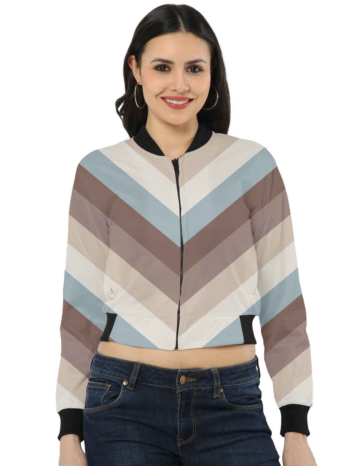 Almond Cream Chevron Women Bomber Jacket - Image 1