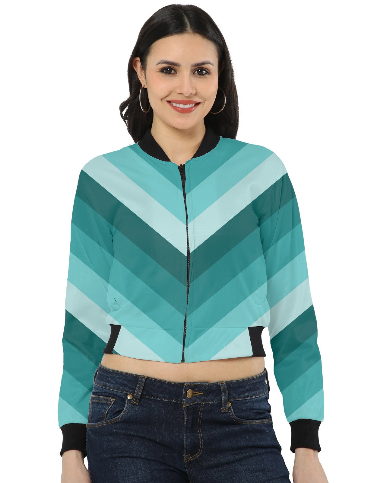 Aqua Serenity Chevron Women Bomber Jacket - Image 1