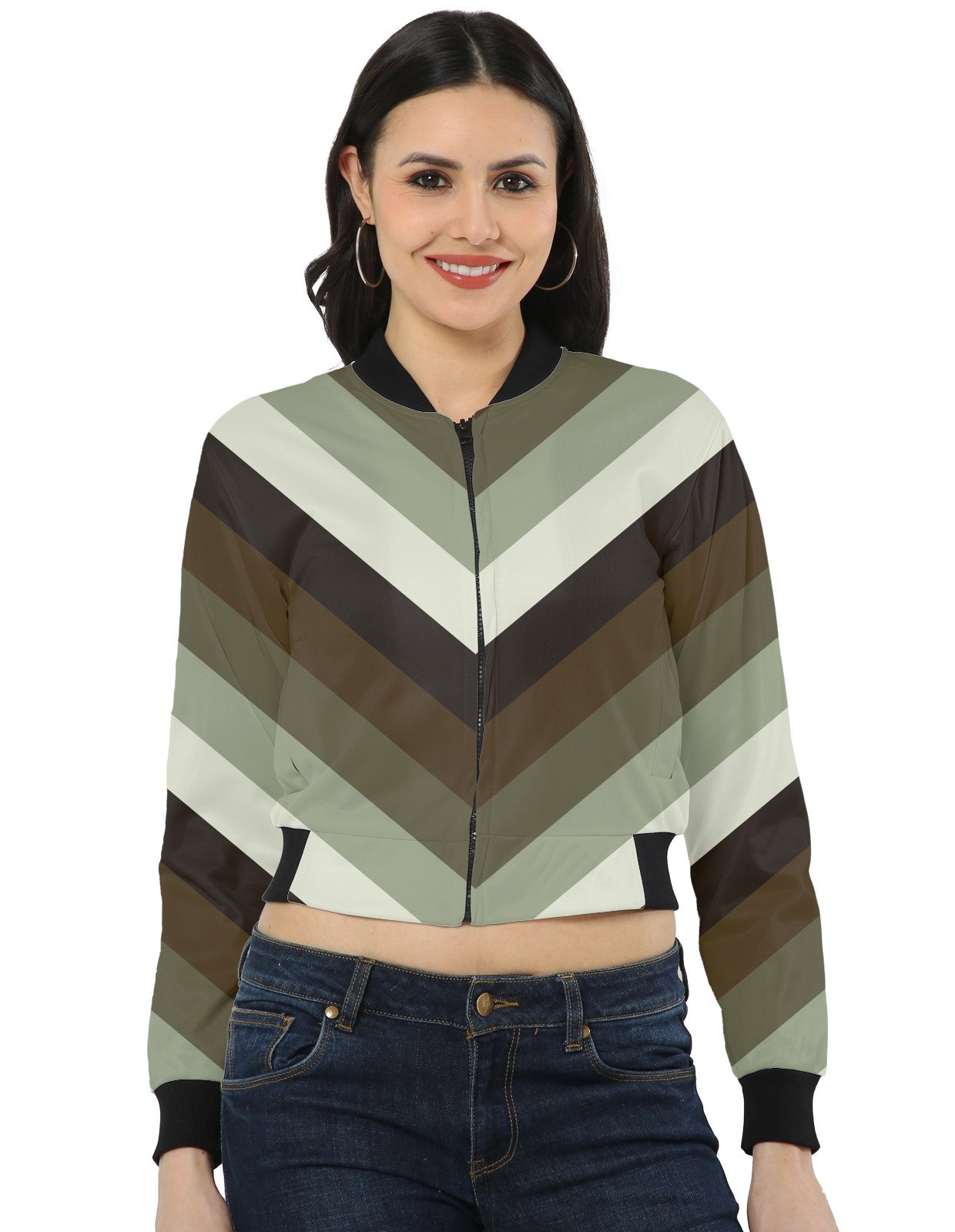 Forest Moss Chevron Women Bomber Jacket - Image 1