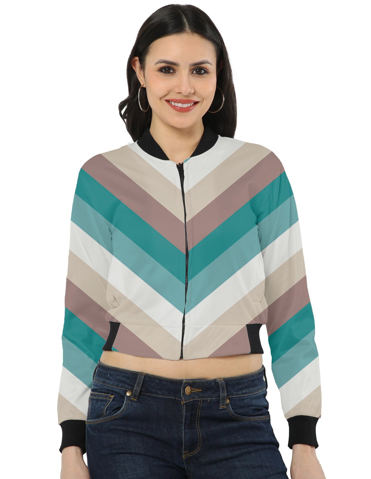 Serene Earth Chevron Women Bomber Jacket - Image 1