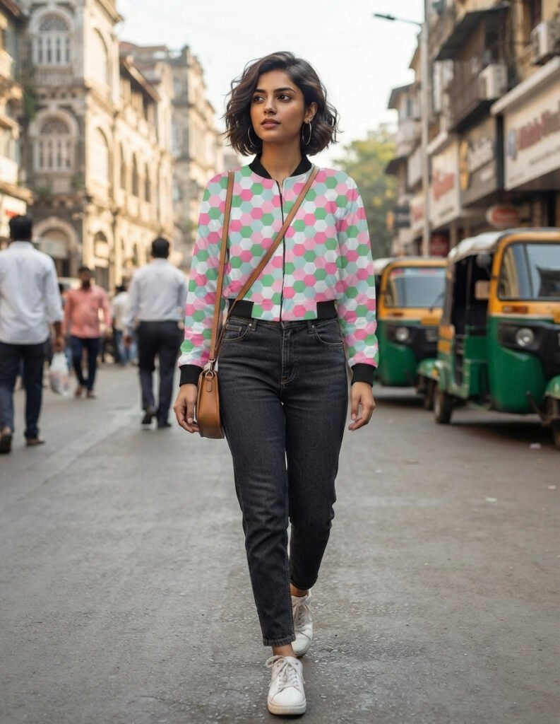 Women Bomber Jacket - Mint Rose Garden SGH